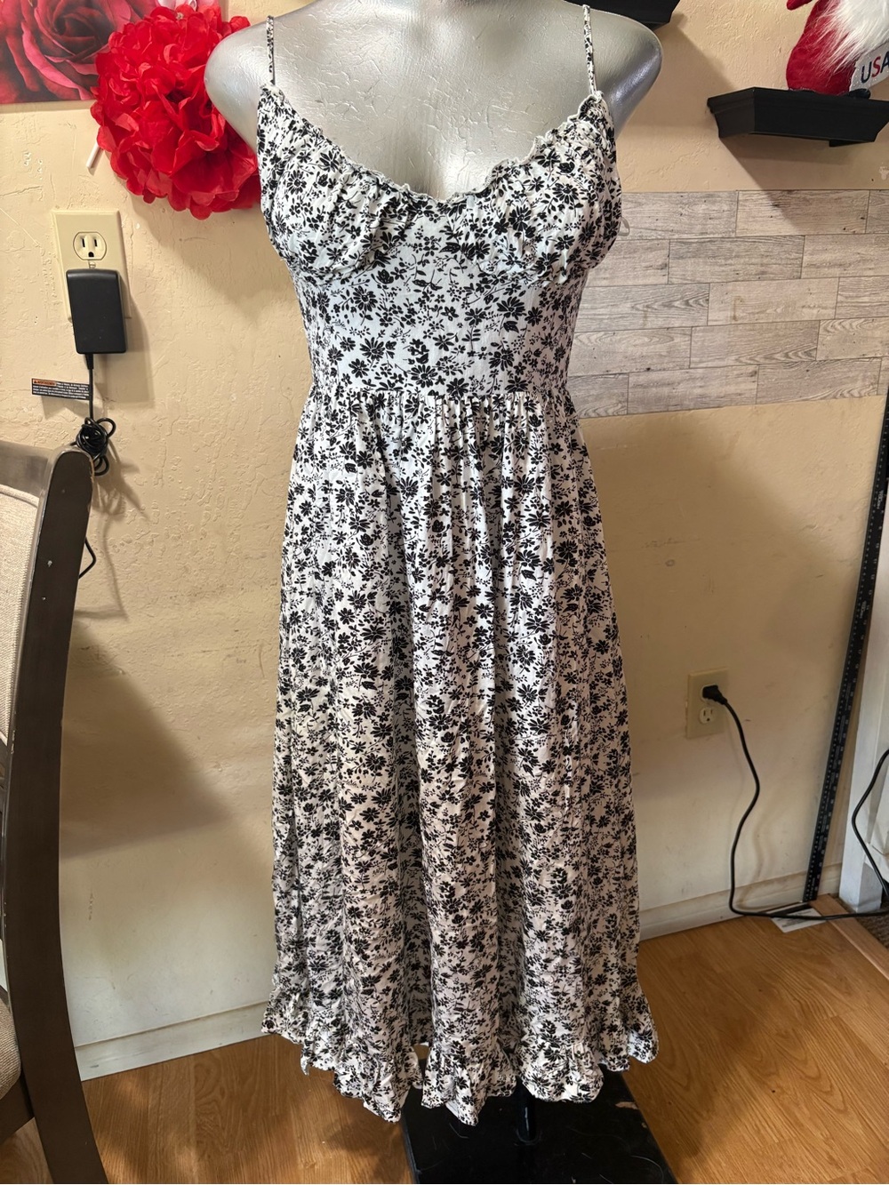 Ijoah Black & White Floral Maxi Slip Dress with Ruffle Hemline
